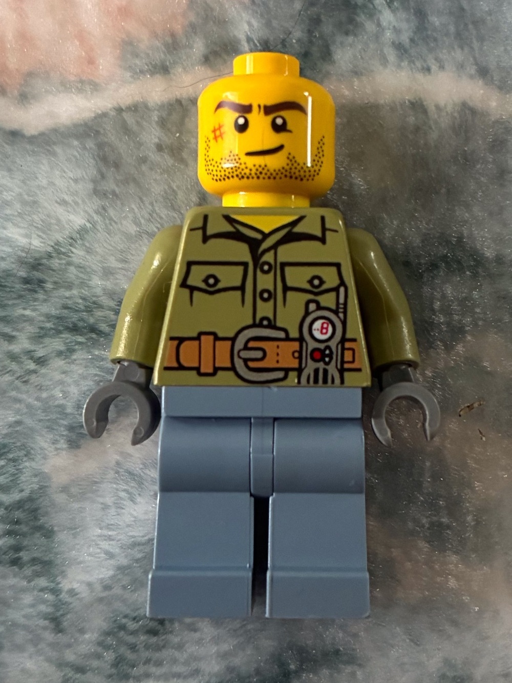 Lego Olive Jacket Minifigure with Yellow Head and Blue Legs